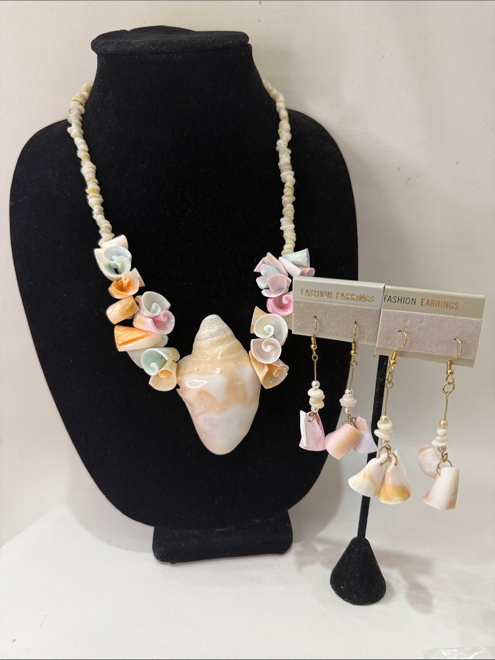 Pastel Mermaid Conch Puka Shell Statement Necklace & 2 Pair Matching Earrings